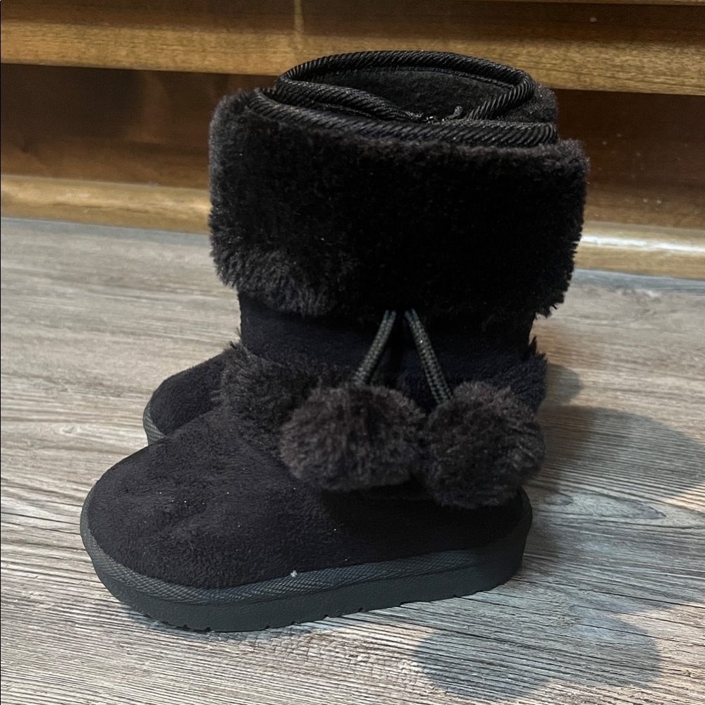 Black Furry Winter Boots with Pom Poms-Size 5 toddler